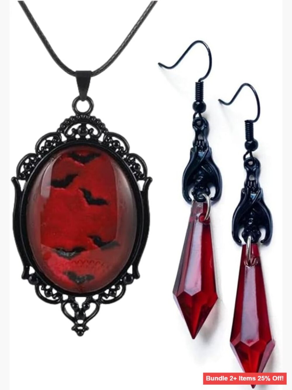 Gothic Bat Cameo Necklace Earrings Set - Metal Glass Leather - 18" Chain